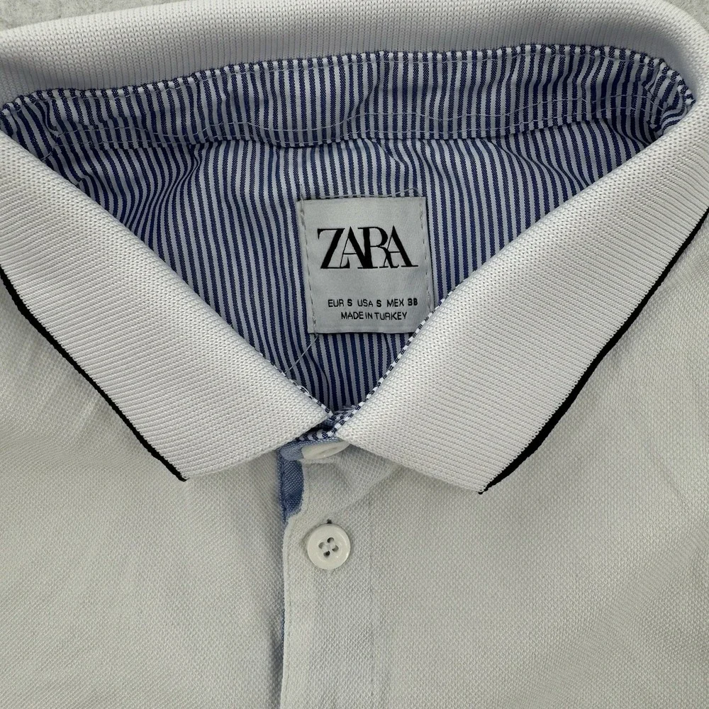 Zara Polo Shirt Mens Small White‎ Embroidered All Over Sports Print Slim Fit